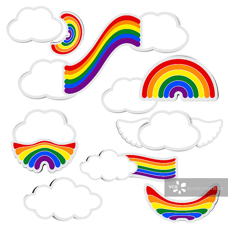 白色背景上的彩虹纸和带阴影的云朵图片素材