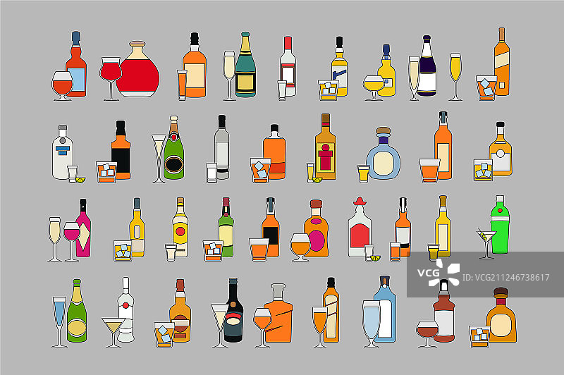 灰色背景上的玻璃杯酒精饮品组合图片素材