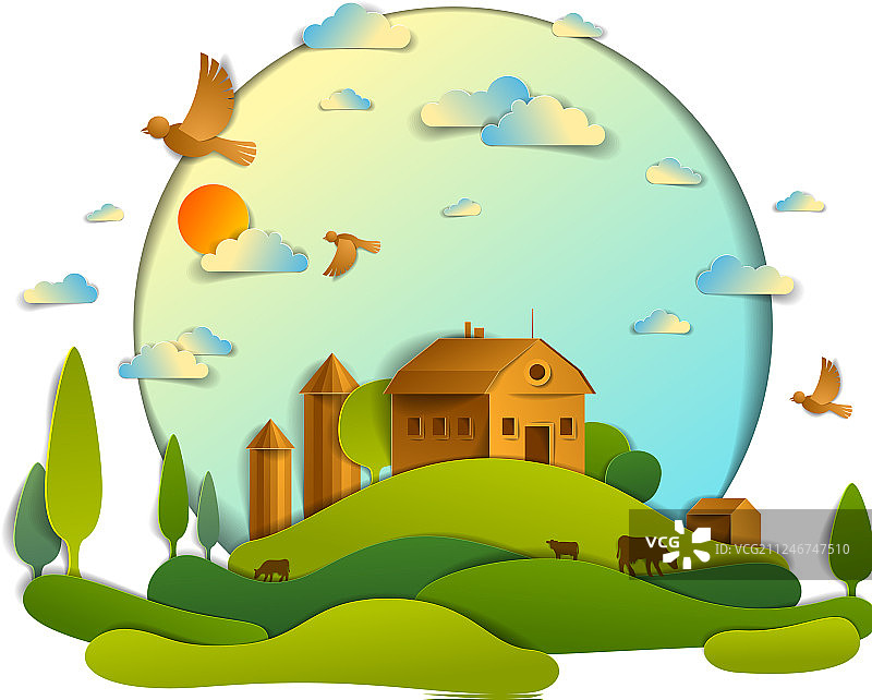 草地中农场建筑的迷人景观图片素材