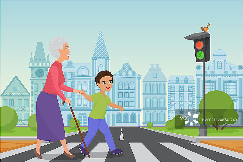有礼貌的小男孩帮助微笑的老妇人通过图片素材