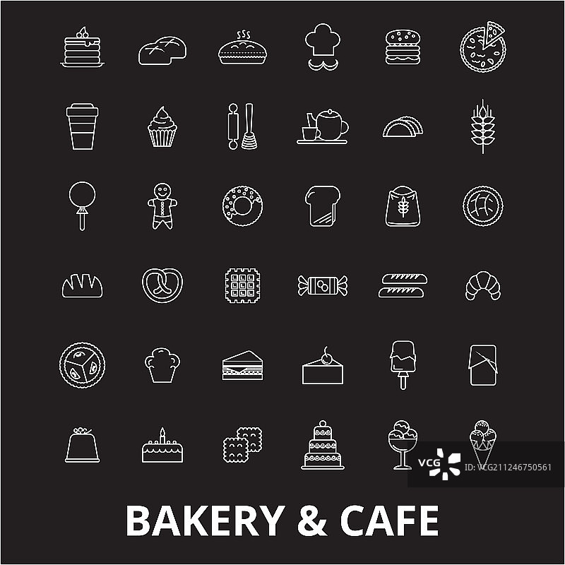 黑色背景上的面包店可编辑线条图标集图片素材