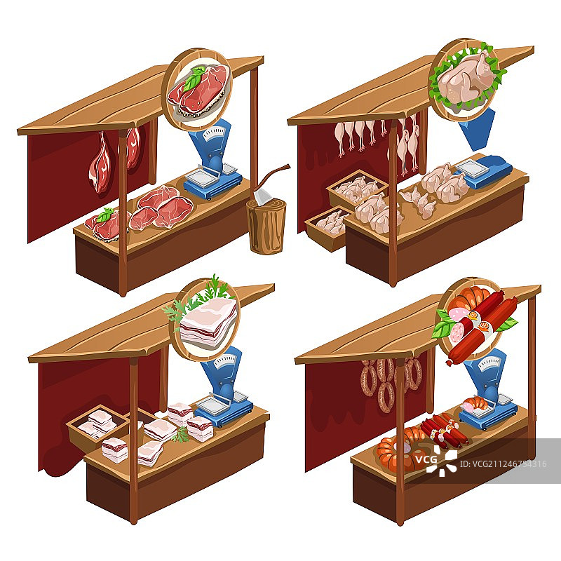 四个销售肉制品的售货亭图片素材