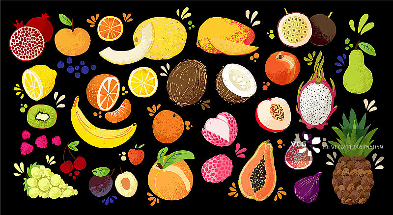 一组彩色手绘热带水果图片素材