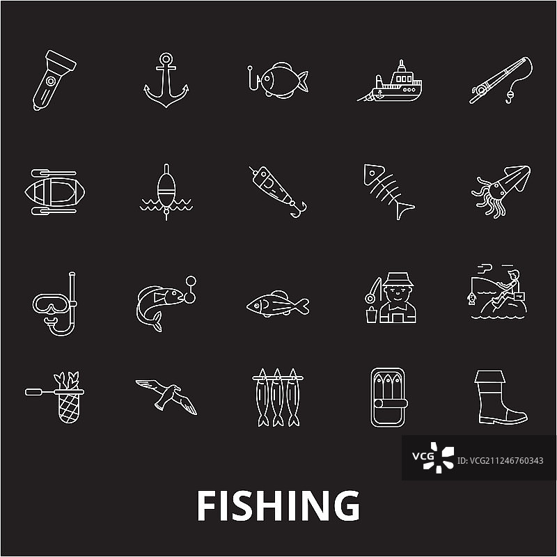 黑色背景上的可编辑钓鱼线条图标图片素材