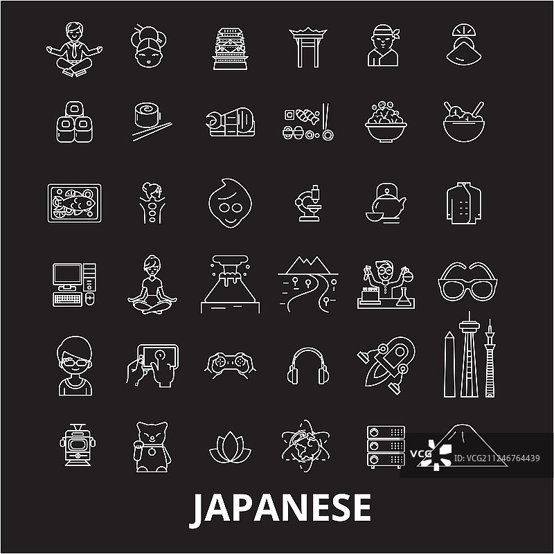 黑色背景上的日本可编辑线条图标集图片素材