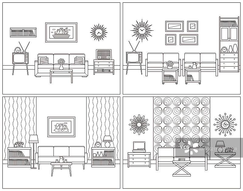 扁平线性复古房间内饰套装图片素材