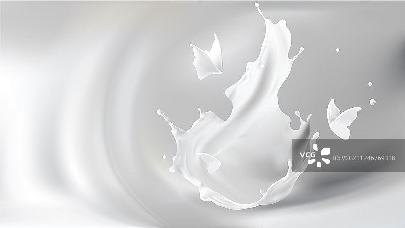 牛奶飞溅皇冠形状和蝴蝶剪影图片素材