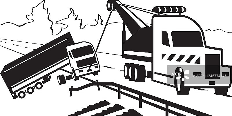 拖拉机在路上拖拽损坏的卡车图片素材