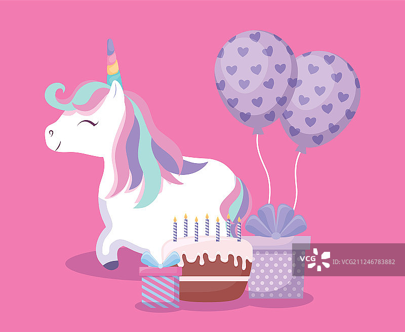 带有氦气球和图标的可爱独角兽图片素材