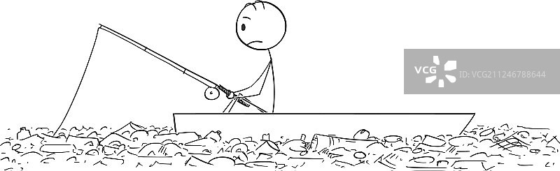 渔民在小船上钓鱼的卡通画图片素材