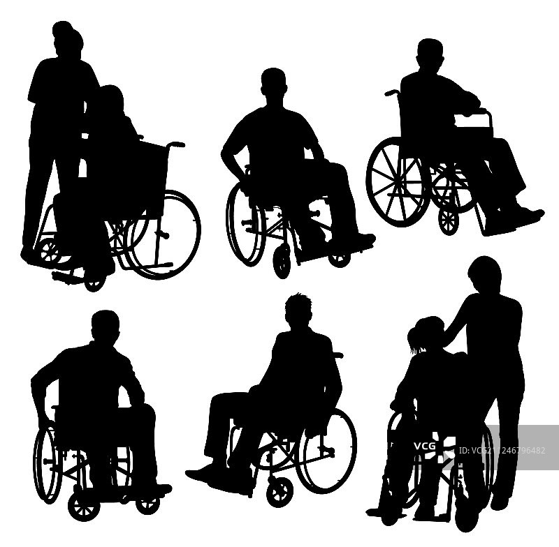 拄拐杖和坐轮椅的人剪影图片素材