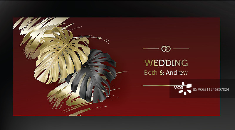 热带黑色和金色的叶子在黑暗的背景图片素材