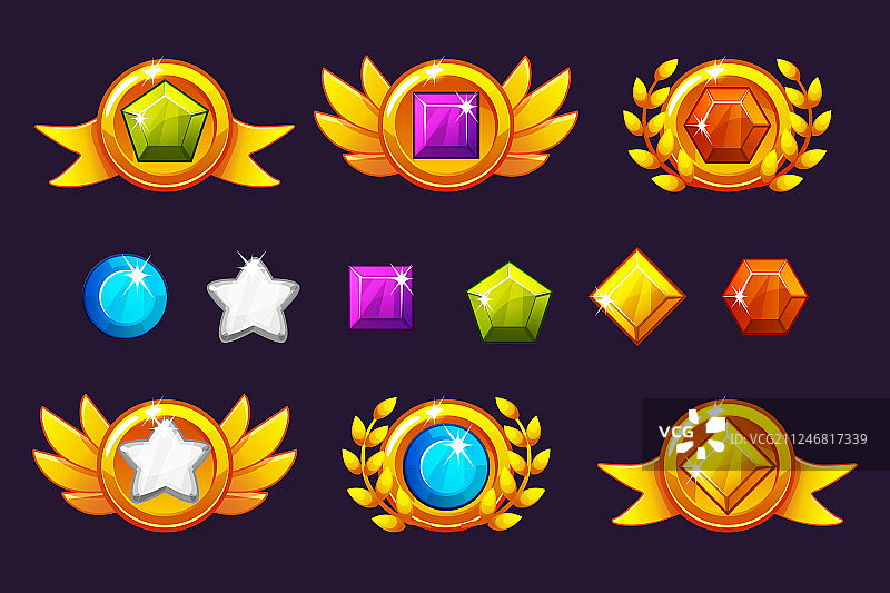 获得成就奖励金币和宝石套装图片素材