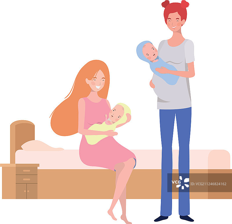 年轻夫妇和新生婴儿在床上图片素材