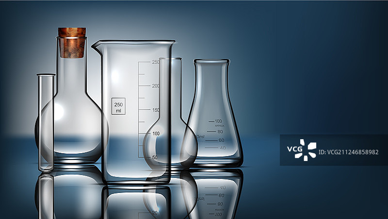 逼真玻璃实验室设备烧瓶套装图片素材