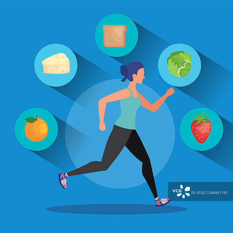 女人跑步，拿着水果、生菜和奶酪图片素材