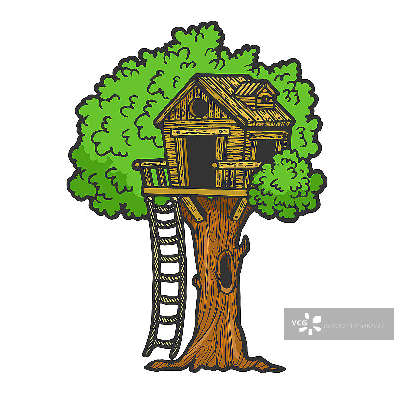 树屋彩色素描雕刻图片素材