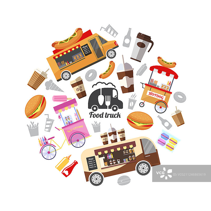 扁平风街头小吃圆形概念设计图片素材