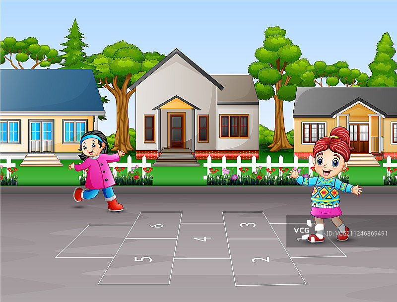 快乐儿童在院子里玩跳房子图片素材