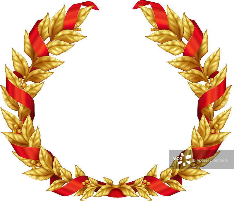 带红色丝带的金色月桂花环图片素材