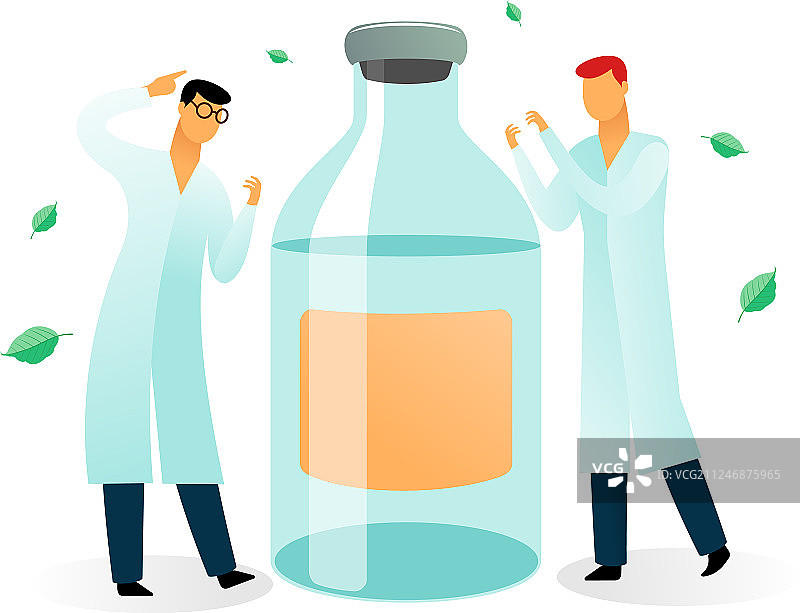 两名医学科学家和一瓶药物图片素材