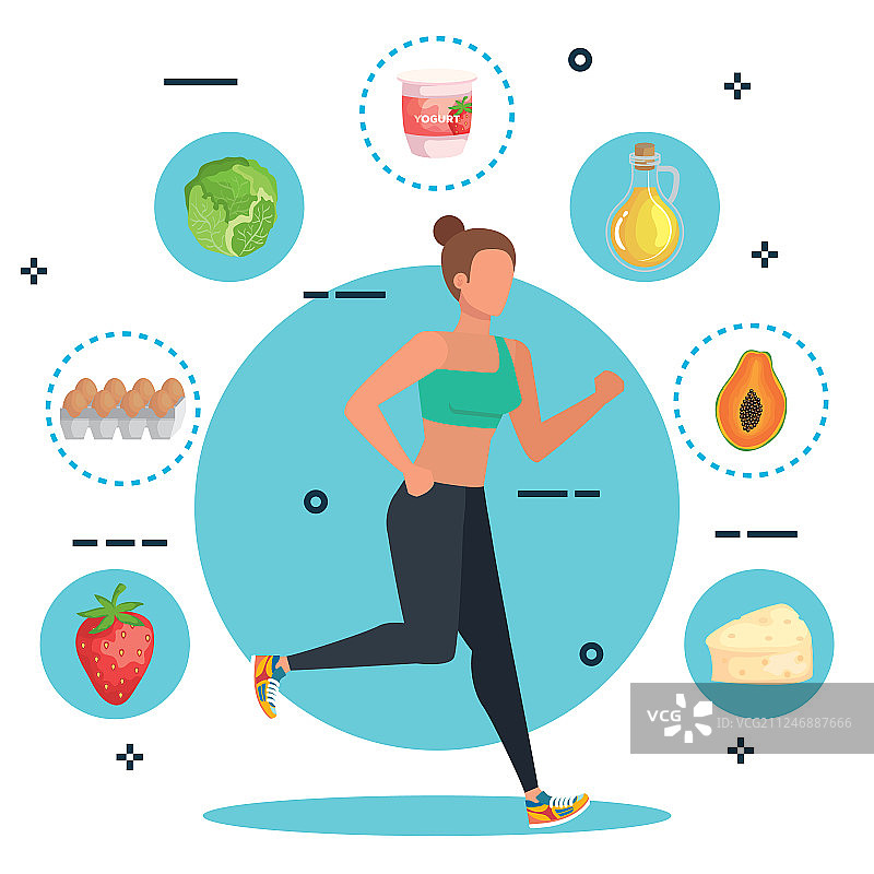拿着鸡蛋、水果和奶酪跑步的女人图片素材