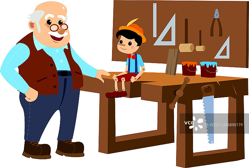 木匠作坊里的匹诺曹和盖比特师傅图片素材