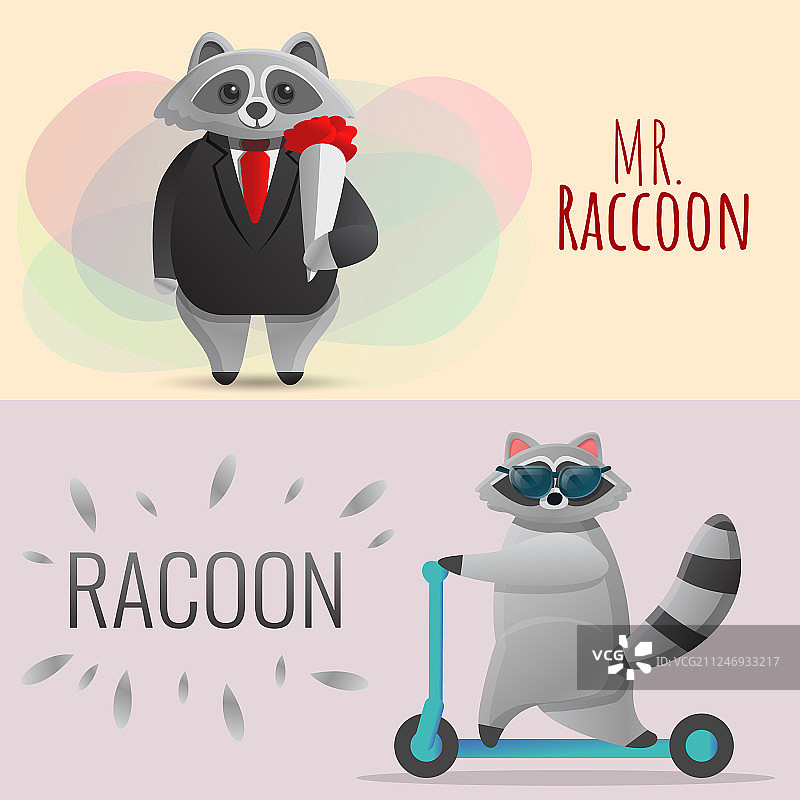 卡通风格浣熊banner套装图片素材