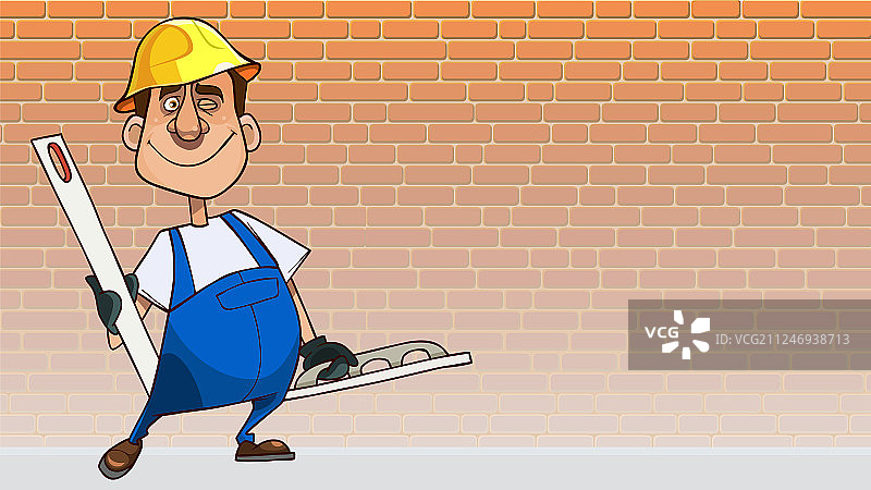 穿着制服，携带石膏墙工具的卡通男人图片素材