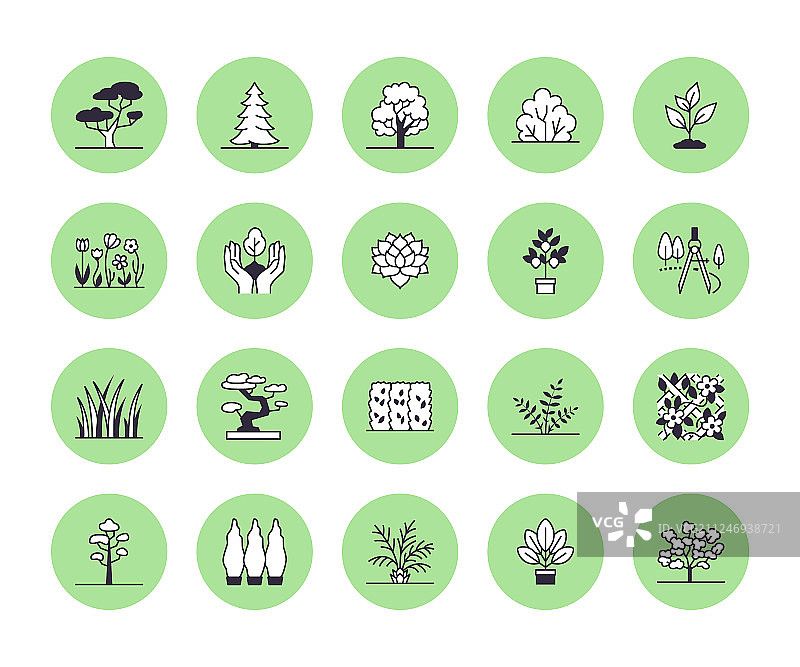 树木植物景观扁平线条图标集图片素材