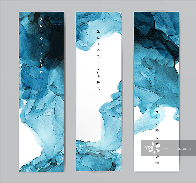 三个带有抽象酒精墨水的蓝色banner图片素材
