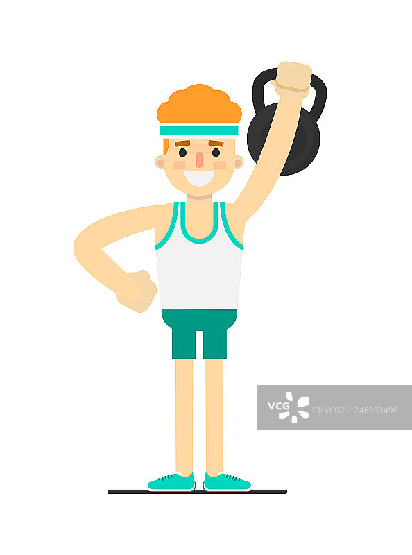 穿着运动服举壶铃的运动型男孩图片素材