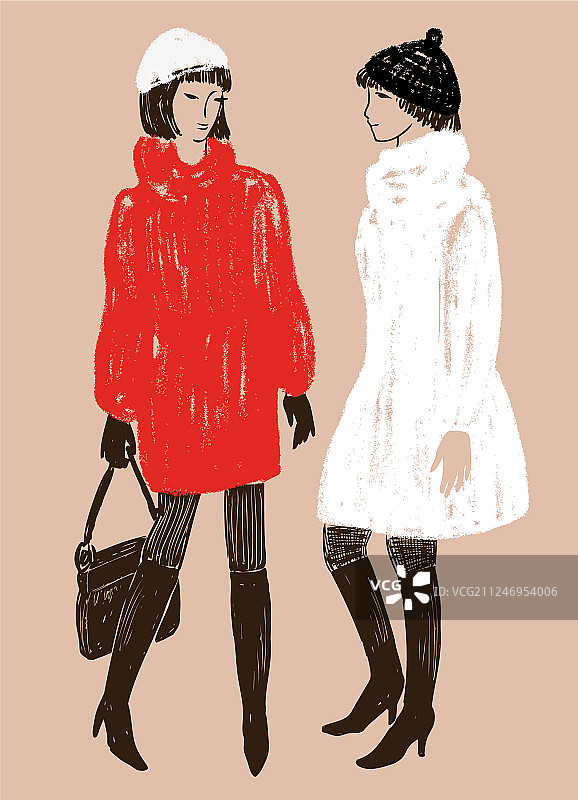 穿着皮草大衣的女人绘画图片素材