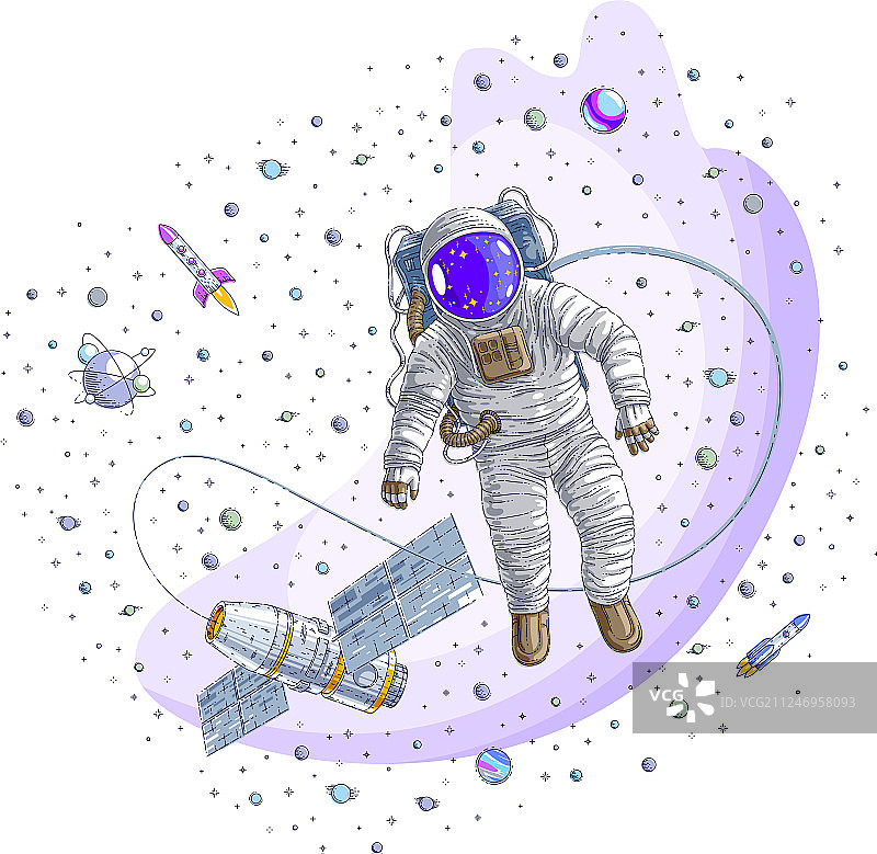 与太空相连的飞行宇航员图片素材