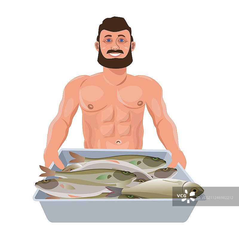 男人端着托盘里的鱼图片素材