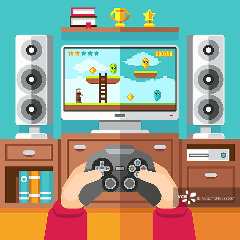 少年用游戏手柄玩电子游戏图片素材