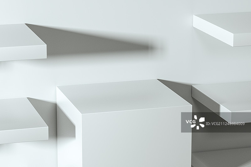 浅色背景下的白色方块平台，三维渲染图片素材