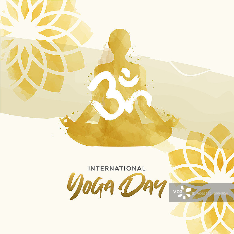 水彩瑜伽日卡片：莲花坐姿的女人图片素材