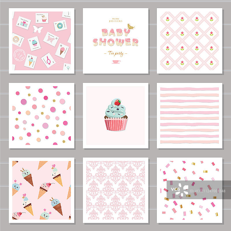 可爱的卡片模板和无缝图案图片素材