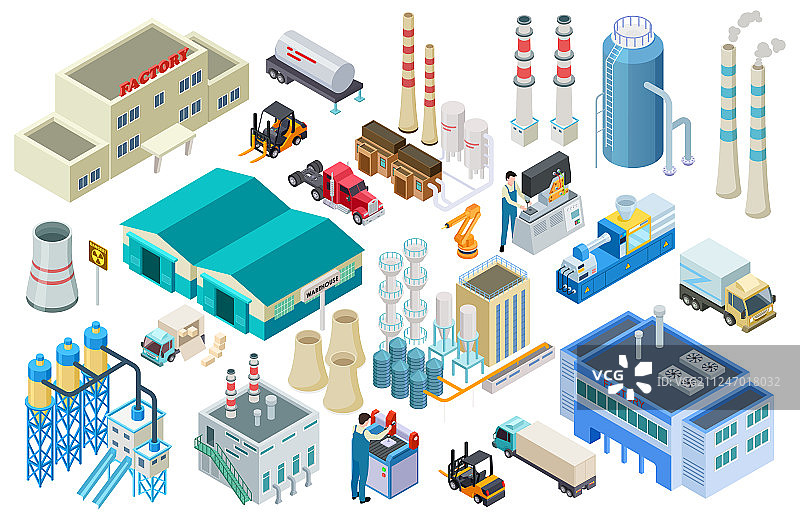 2.5D风格的工业建筑、工人和配送图片素材