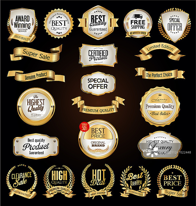 金色标签盾牌和复古丝带图片素材