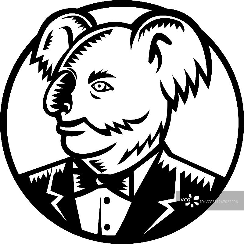 穿着燕尾服的考拉熊木刻图片素材