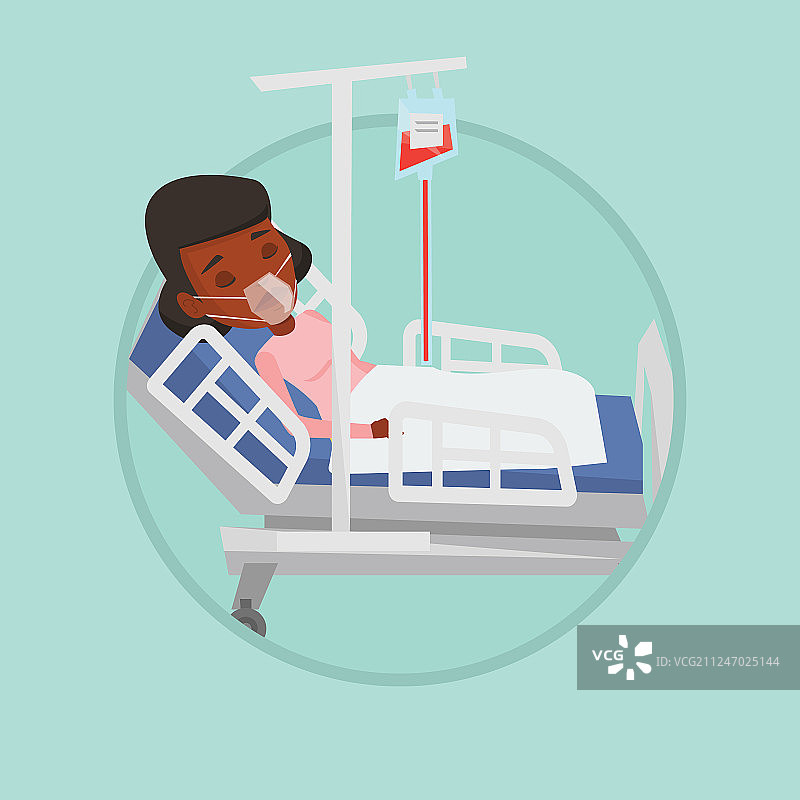 戴着氧气面罩躺在医院病床上的患者图片素材