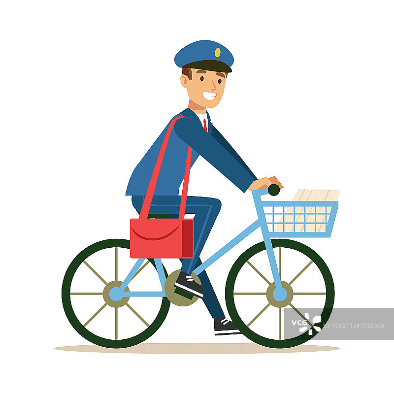 蓝色制服的邮递员骑自行车送货图片素材