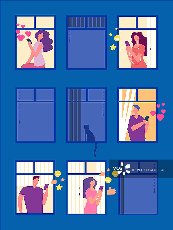 在夜晚的窗户里使用社交网络的人们图片素材