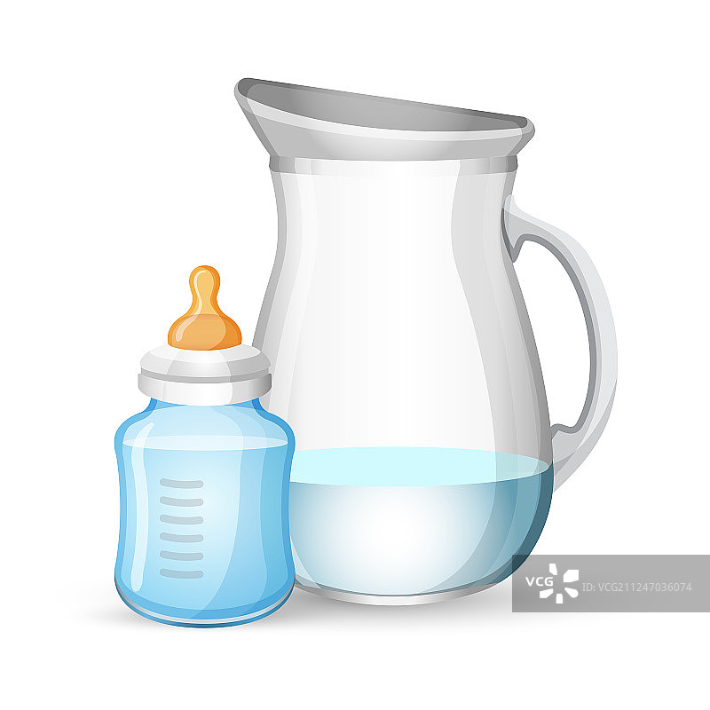 白色背景上的婴儿奶瓶和装有液体的水壶图片素材