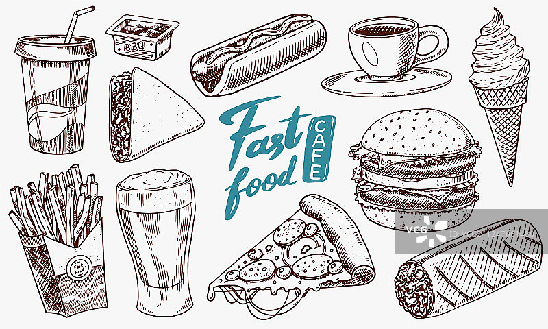 快餐：汉堡、炸玉米饼和热狗图片素材