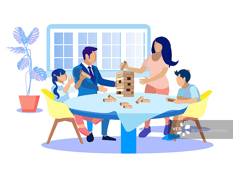 在家玩叠叠乐的幸福家庭扁平卡通图片素材