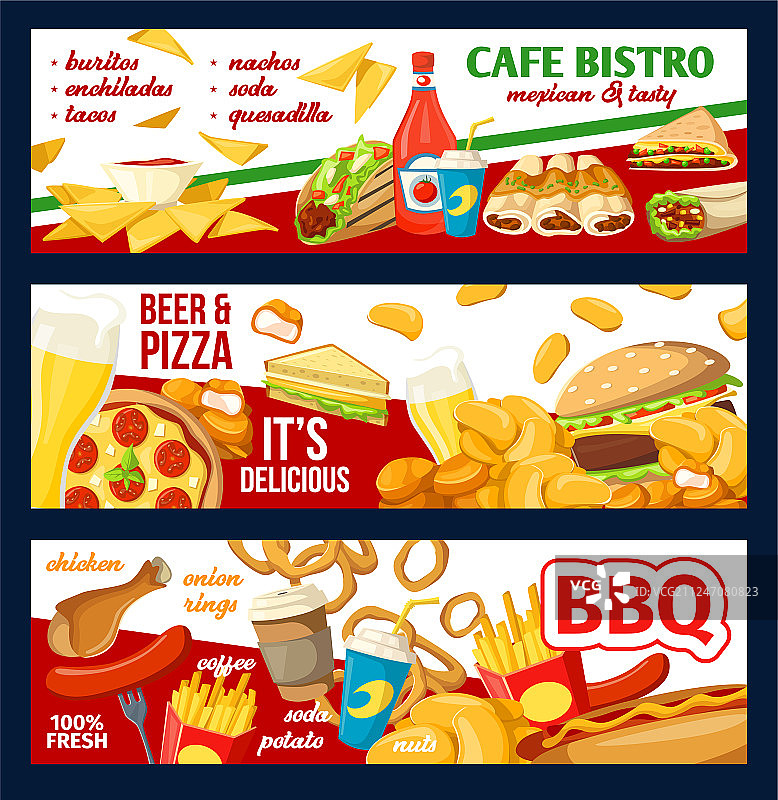 快餐咖啡馆小餐馆菜单和披萨banner图片素材