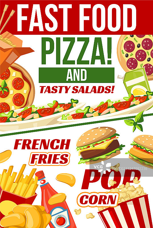 快餐：披萨、爆米花和薯条图片素材
